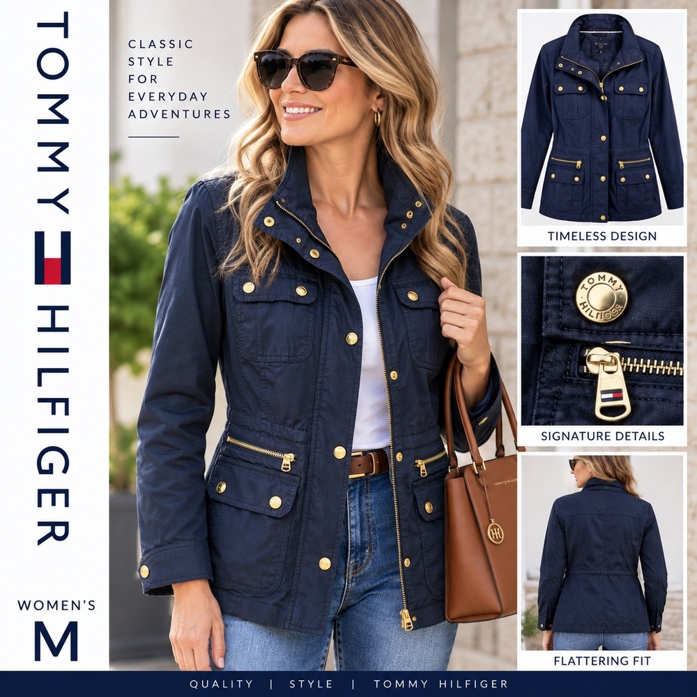 Tommy Hilfiger Utility Field Jacket Women Medium Navy Blue Gold Hardware Coated